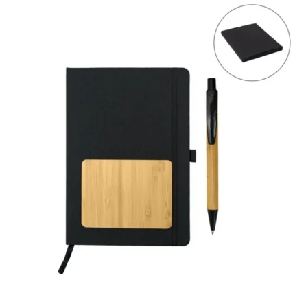 rPET and Bamboo Notebook with Pen Gift Sets in Black Cardboard Slide Box